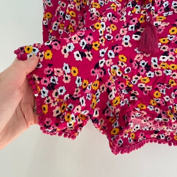 A.N.A Magenta Pink Blue Mustard Floral Pull On Drawstring Pom Pom Trim Shorts L - Picture 5 of 11